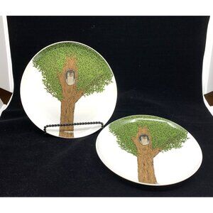 2 West Elm Organic Owl in a Tree Plates by Rachel Kozolowski 8 5/8" Retired
